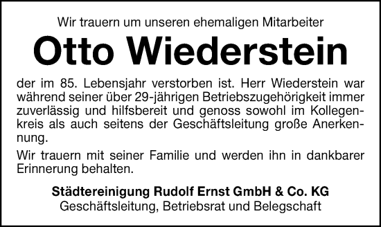 Traueranzeige von Otto Wiederstein von Altmühl-Bote Lokal