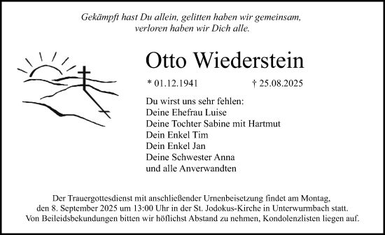 Traueranzeige von Otto Wiederstein von Altmühl-Bote Lokal