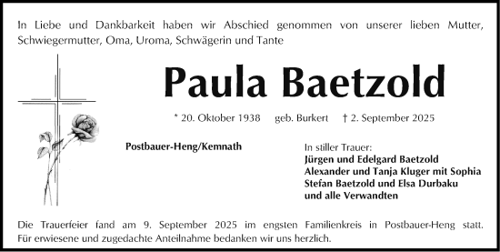 Traueranzeige von Paula Baetzold von Neumarkter Nachrichten Lokal