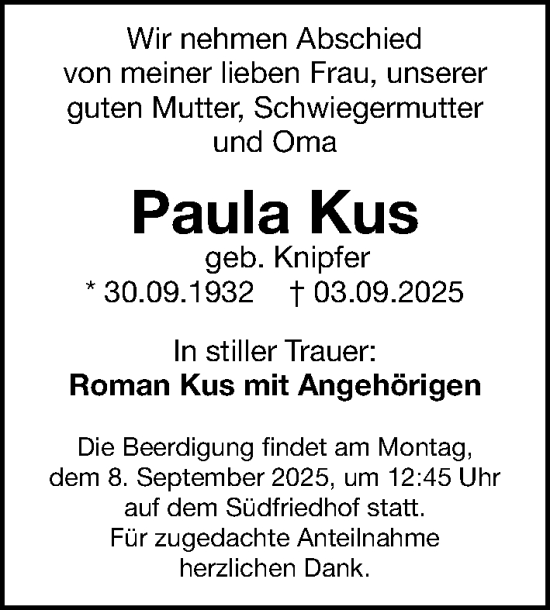 Traueranzeige von Paula Kus von Gesamtausgabe Nürnberger Nachrichten/ Nürnberger Ztg.