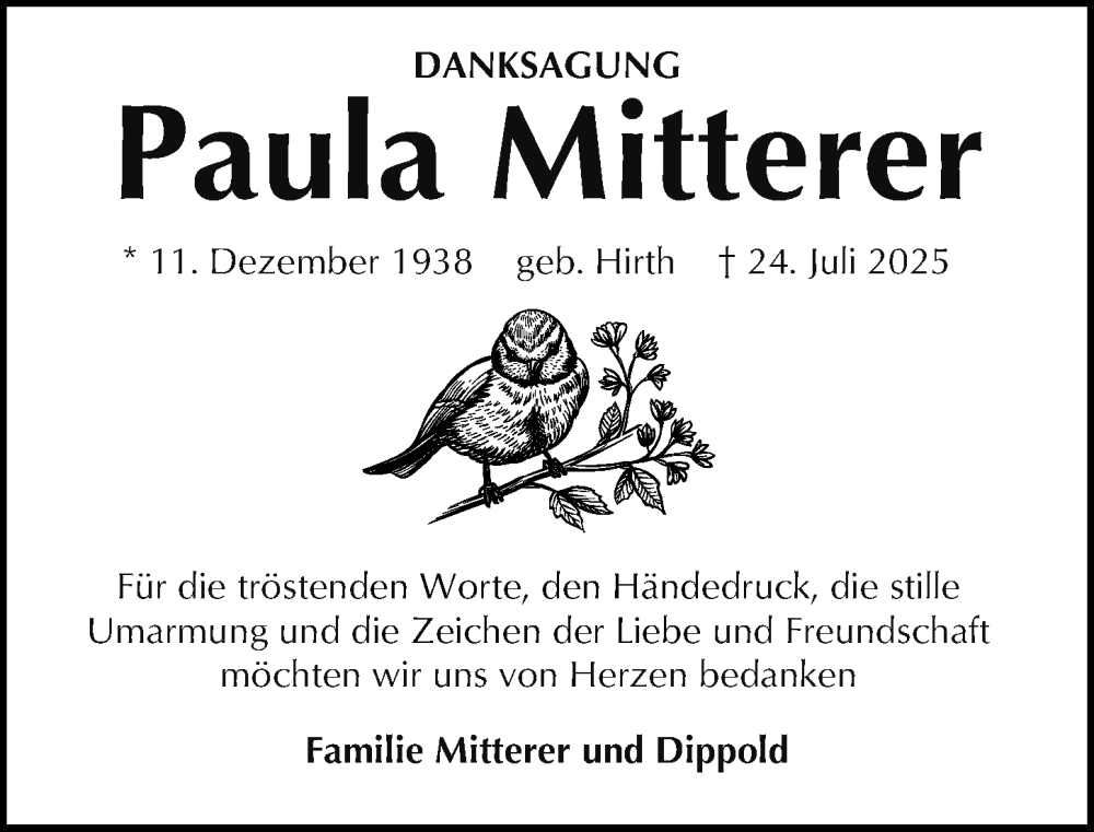  Traueranzeige für Paula Mitterer vom 06.09.2025 aus Gesamtausgabe Nürnberger Nachrichten/ Nürnberger Ztg.