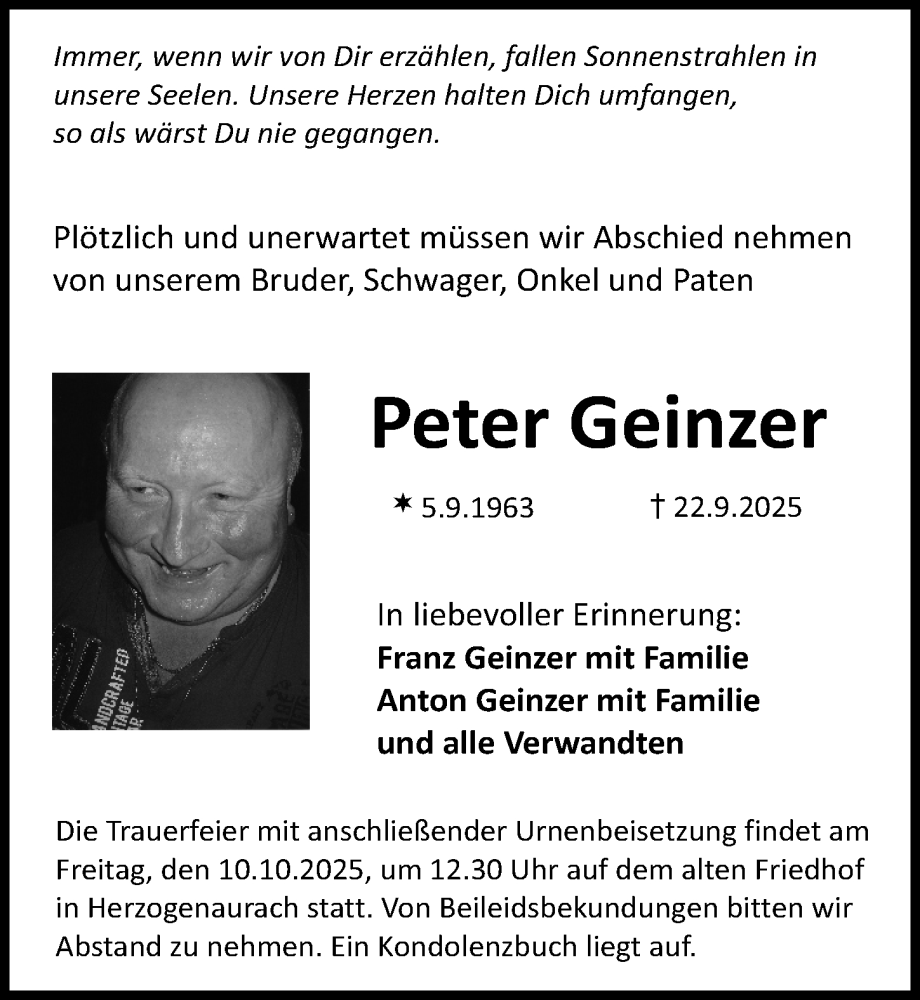  Traueranzeige für Peter Geinzer vom 27.09.2025 aus Nordbayerische Nachrichten Herzogenaurach Lokal