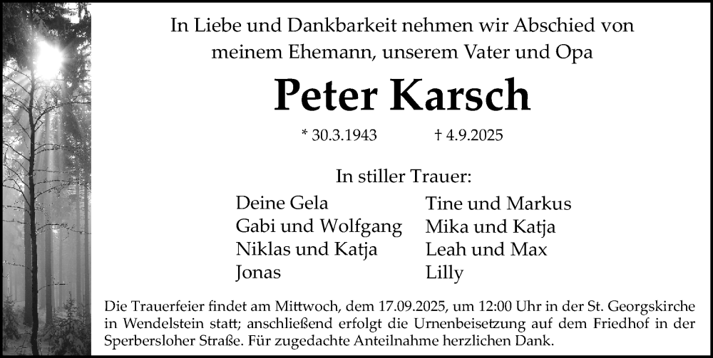 Traueranzeige für Peter Karsch vom 13.09.2025 aus Schwabacher Tagblatt Lokal