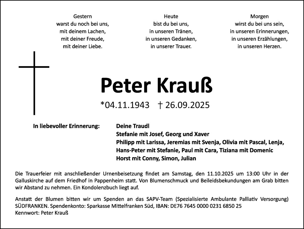  Traueranzeige für Peter Krauß vom 01.10.2025 aus Altmühl-Bote Lokal