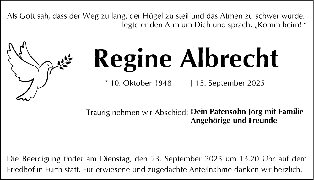  Traueranzeige für Regine Albrecht vom 20.09.2025 aus Fürther Nachrichten Lokal