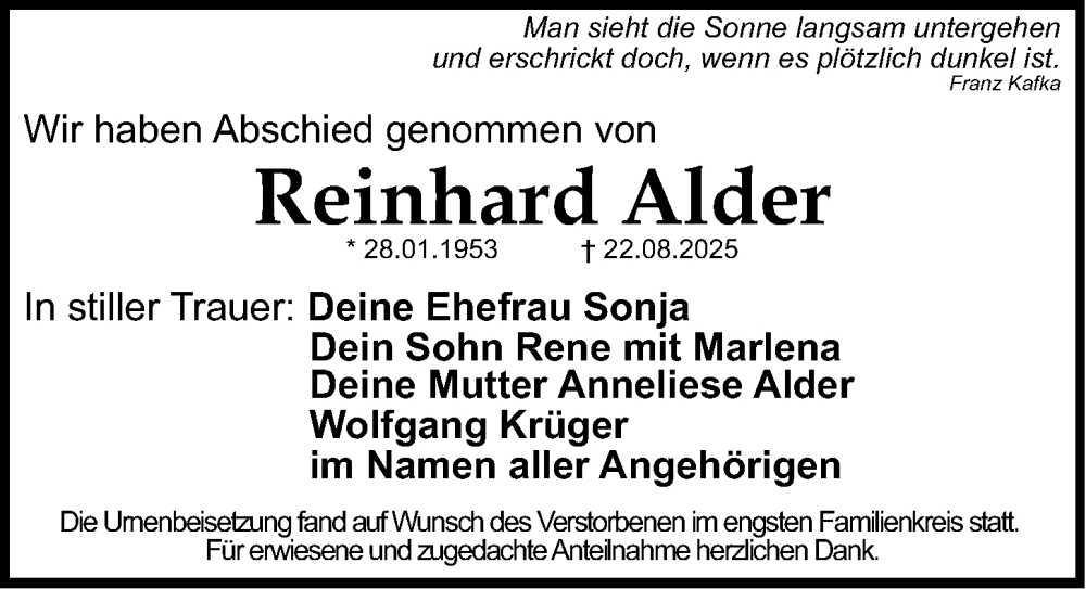  Traueranzeige für Reinhard Alder vom 22.09.2025 aus Gesamtausgabe Nürnberger Nachrichten/ Nürnberger Ztg.