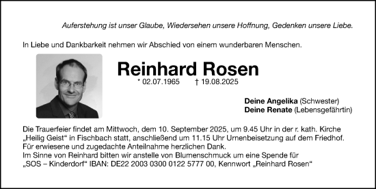 Traueranzeige von Reinhard Rosen von Gesamtausgabe Nürnberger Nachrichten/ Nürnberger Ztg.
