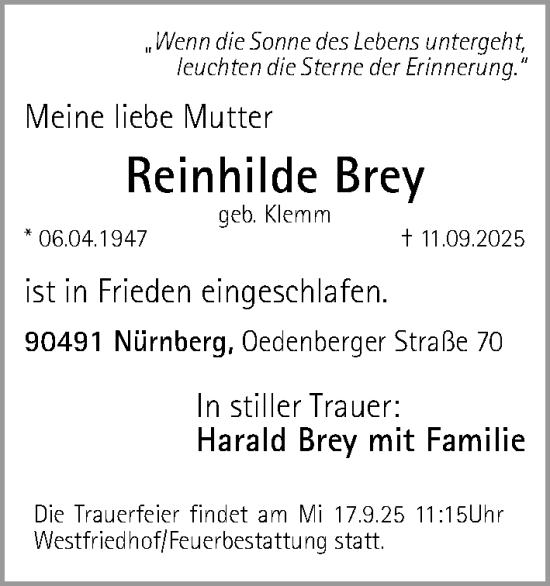 Traueranzeige von Reinhilde Brey von Gesamtausgabe Nürnberger Nachrichten/ Nürnberger Ztg.