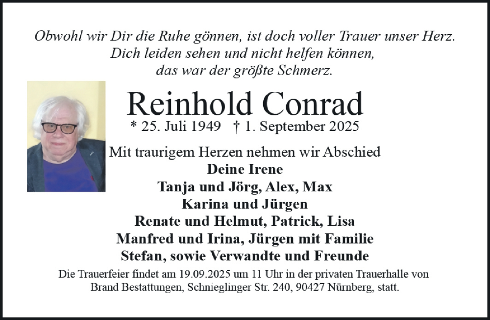  Traueranzeige für Reinhold Conrad vom 13.09.2025 aus Gesamtausgabe Nürnberger Nachrichten/ Nürnberger Ztg.