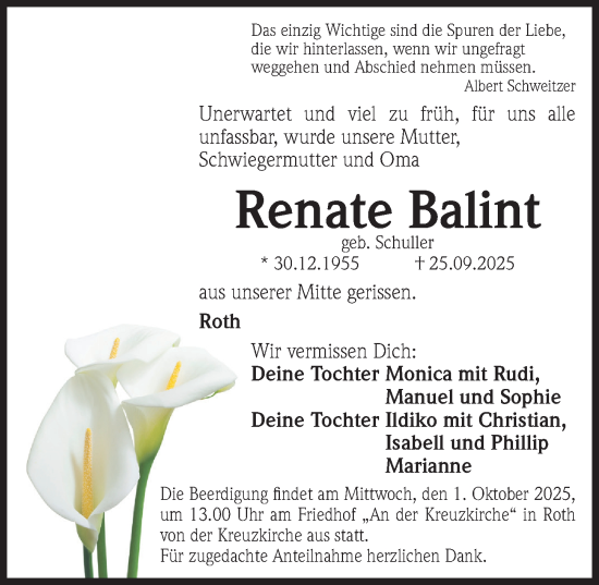 Traueranzeige von Renate Balint von Roth-Hilpoltsteiner Volkszeitung Lokal