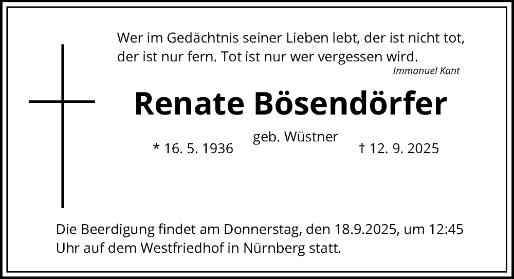  Traueranzeige für Renate Bosendorfer vom 17.09.2025 aus Gesamtausgabe Nürnberger Nachrichten/ Nürnberger Ztg.