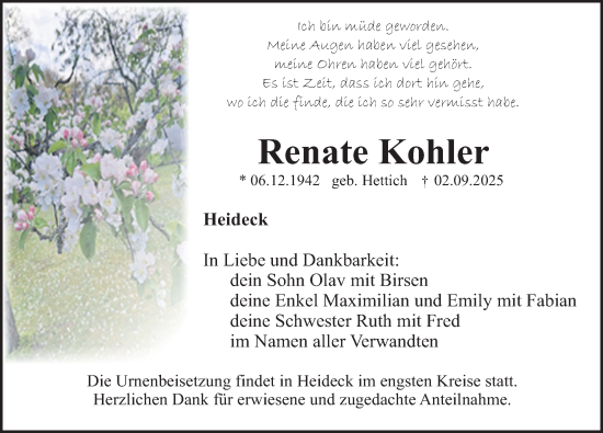 Traueranzeige von Renate Kohler von Roth-Hilpoltsteiner Volkszeitung Lokal