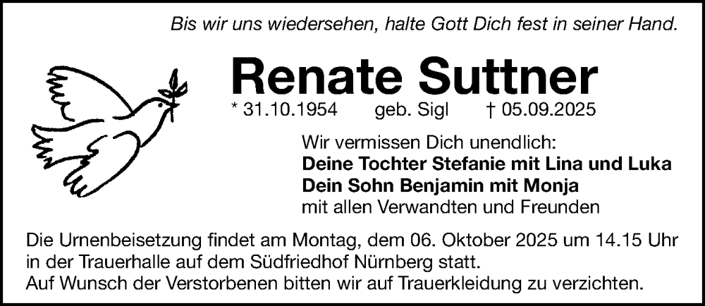  Traueranzeige für Renate Suttner vom 27.09.2025 aus Gesamtausgabe Nürnberger Nachrichten/ Nürnberger Ztg.