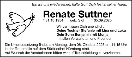 Traueranzeige von Renate Suttner von Gesamtausgabe Nürnberger Nachrichten/ Nürnberger Ztg.