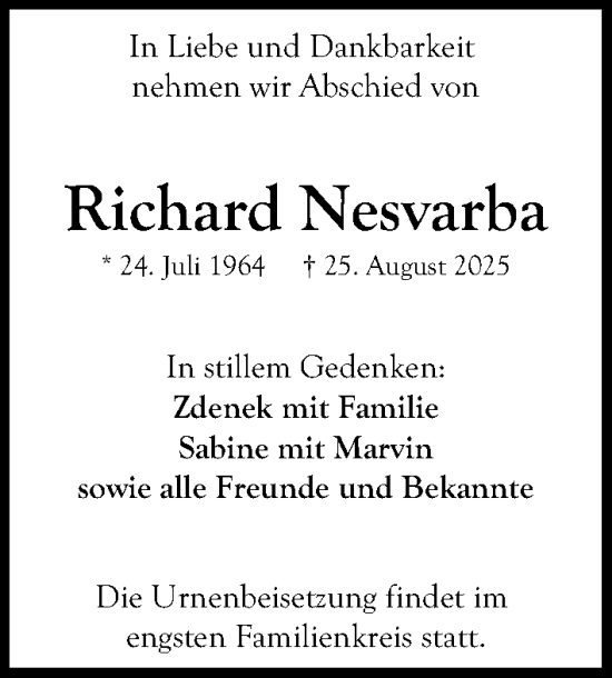 Traueranzeige von Richard Nesvarba von Gesamtausgabe Nürnberger Nachrichten/ Nürnberger Ztg.