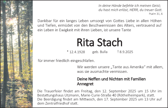 Traueranzeige von Rita Stach von Erlanger Nachrichten Lokal
