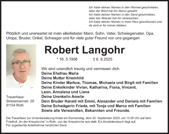 Traueranzeige von Robert Langohr von Roth-Hilpoltsteiner Volkszeitung Lokal