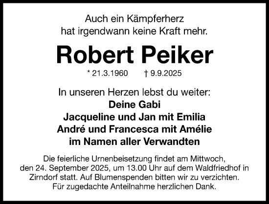 Traueranzeige von Robert Peiker von Fürther Nachrichten Lokal