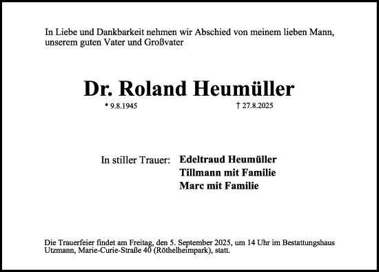 Traueranzeige von Roland Heumüller von Erlanger Nachrichten Lokal