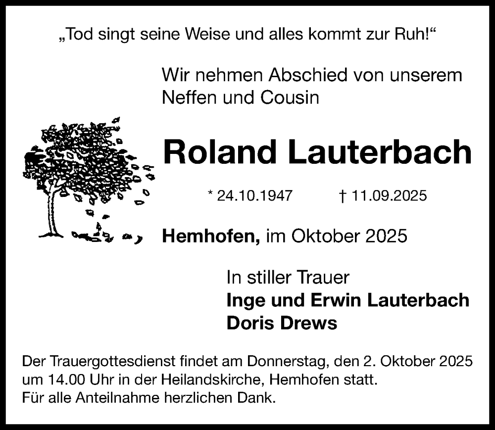  Traueranzeige für Roland Lauterbach vom 01.10.2025 aus Nordbayerische Nachrichten Herzogenaurach Lokal