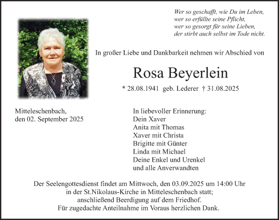 Traueranzeige von Rosa Beyerlein von Altmühl-Bote Lokal