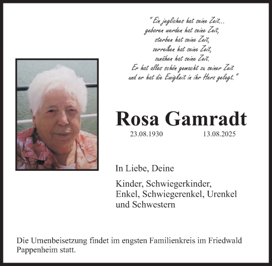 Traueranzeige von Rosa Gamradt von Gesamtausgabe Nürnberger Nachrichten/ Nürnberger Ztg.
