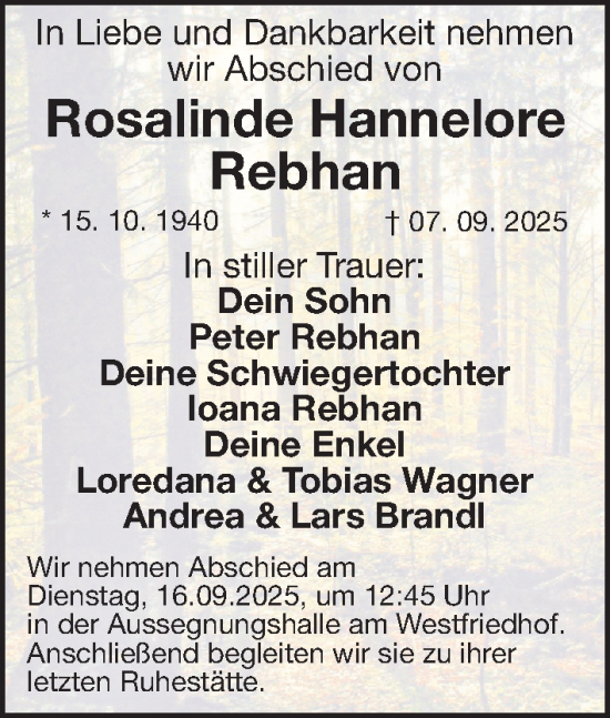 Traueranzeige von Rosalinde Hannelore Rebhan von Gesamtausgabe Nürnberger Nachrichten/ Nürnberger Ztg.