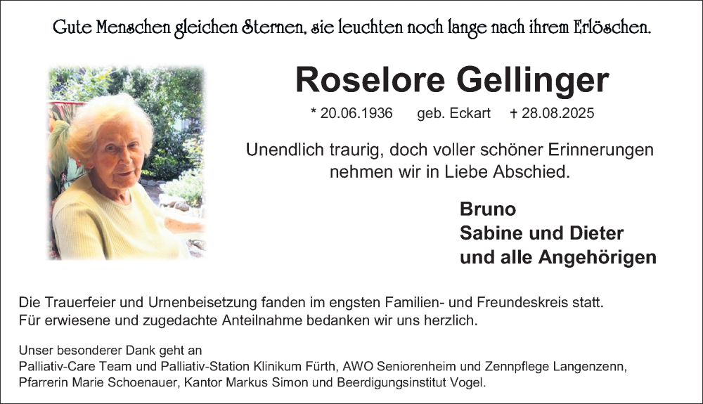  Traueranzeige für Roselore Gellinger vom 27.09.2025 aus Fürther Nachrichten Lokal