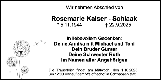 Traueranzeige von Rosemarie Kaiser von Gesamtausgabe Nürnberger Nachrichten/ Nürnberger Ztg.