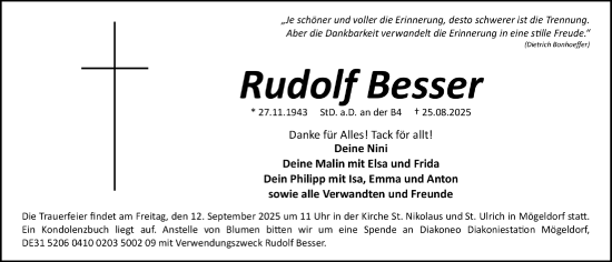 Traueranzeige von Rudolf Besser von Gesamtausgabe Nürnberger Nachrichten/ Nürnberger Ztg.