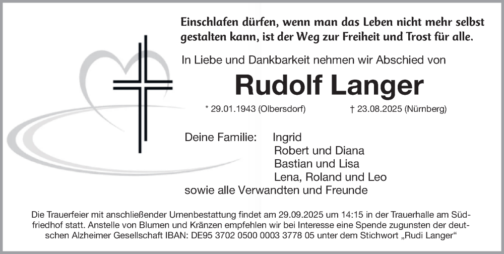  Traueranzeige für Rudolf Langer vom 06.09.2025 aus Gesamtausgabe Nürnberger Nachrichten/ Nürnberger Ztg.