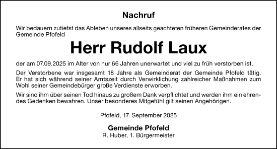 Traueranzeige von Rudolf Laux von Altmühl-Bote Lokal
