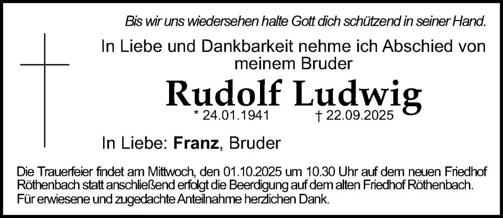  Traueranzeige für Rudolf Ludwig vom 27.09.2025 aus Gesamtausgabe Nürnberger Nachrichten/ Nürnberger Ztg.