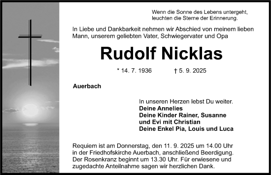 Traueranzeige von Rudolf Nicklas von Nordbayerische Nachrichten Pegnitz Lokal