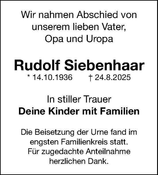 Traueranzeige von Rudolf Siebenhaar von Fürther Nachrichten Lokal