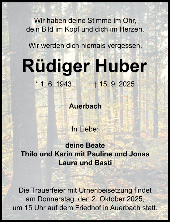 Traueranzeige von Rüdiger Huber von Nordbayerische Nachrichten Pegnitz Lokal