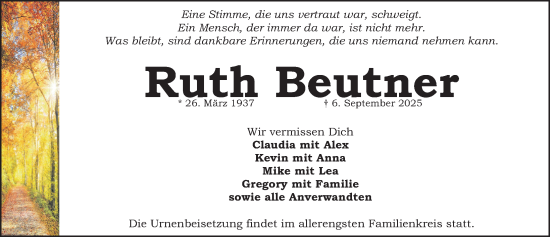Traueranzeige von Ruth Beutner von Gesamtausgabe Nürnberger Nachrichten/ Nürnberger Ztg.