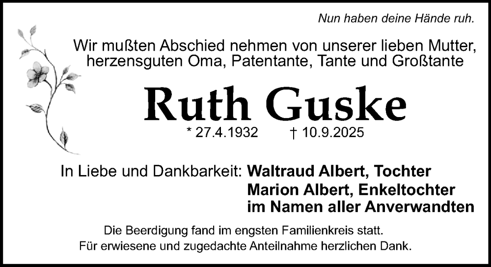 Traueranzeige für Ruth Guske vom 20.09.2025 aus Schwabacher Tagblatt Lokal
