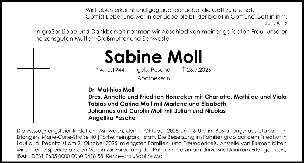  Traueranzeige für Sabine Moll vom 30.09.2025 aus Gesamtausgabe Nürnberger Nachrichten/ Nürnberger Ztg./ Erlanger Nachrichten