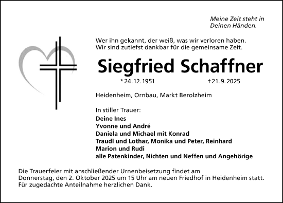 Traueranzeige von Siegfried Schaffner von Altmühl-Bote Lokal