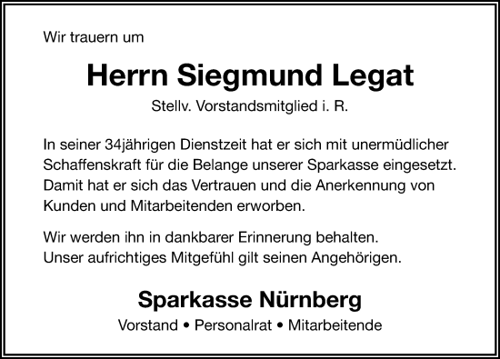 Traueranzeige von Siegmund Legat von Gesamtausgabe Nürnberger Nachrichten/ Nürnberger Ztg.