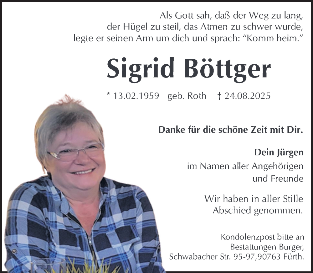  Traueranzeige für Sigrid Böttger vom 06.09.2025 aus Fürther Nachrichten Lokal