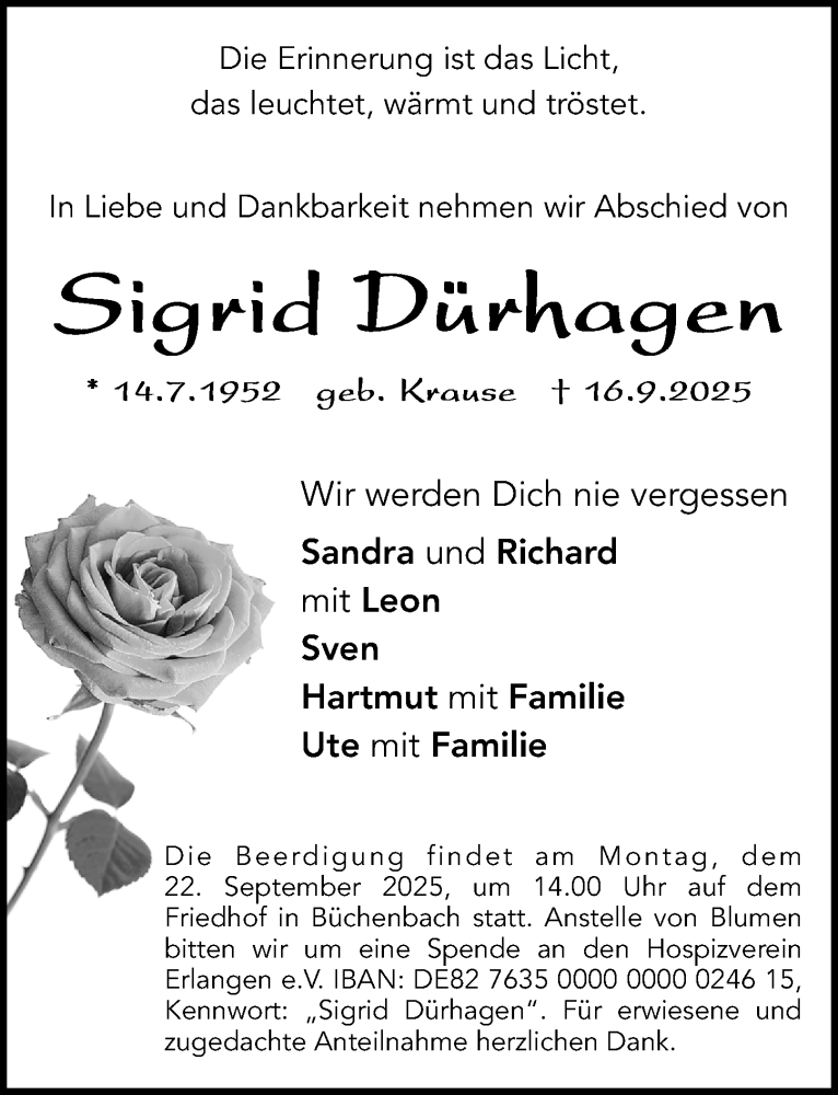  Traueranzeige für Sigrid Dürhagen vom 20.09.2025 aus Erlanger Nachrichten Lokal