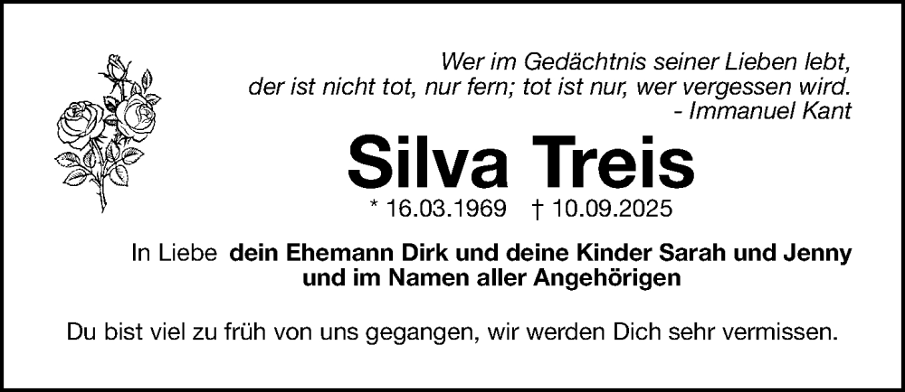  Traueranzeige für Silva Treis vom 20.09.2025 aus Gesamtausgabe Nürnberger Nachrichten/ Nürnberger Ztg.