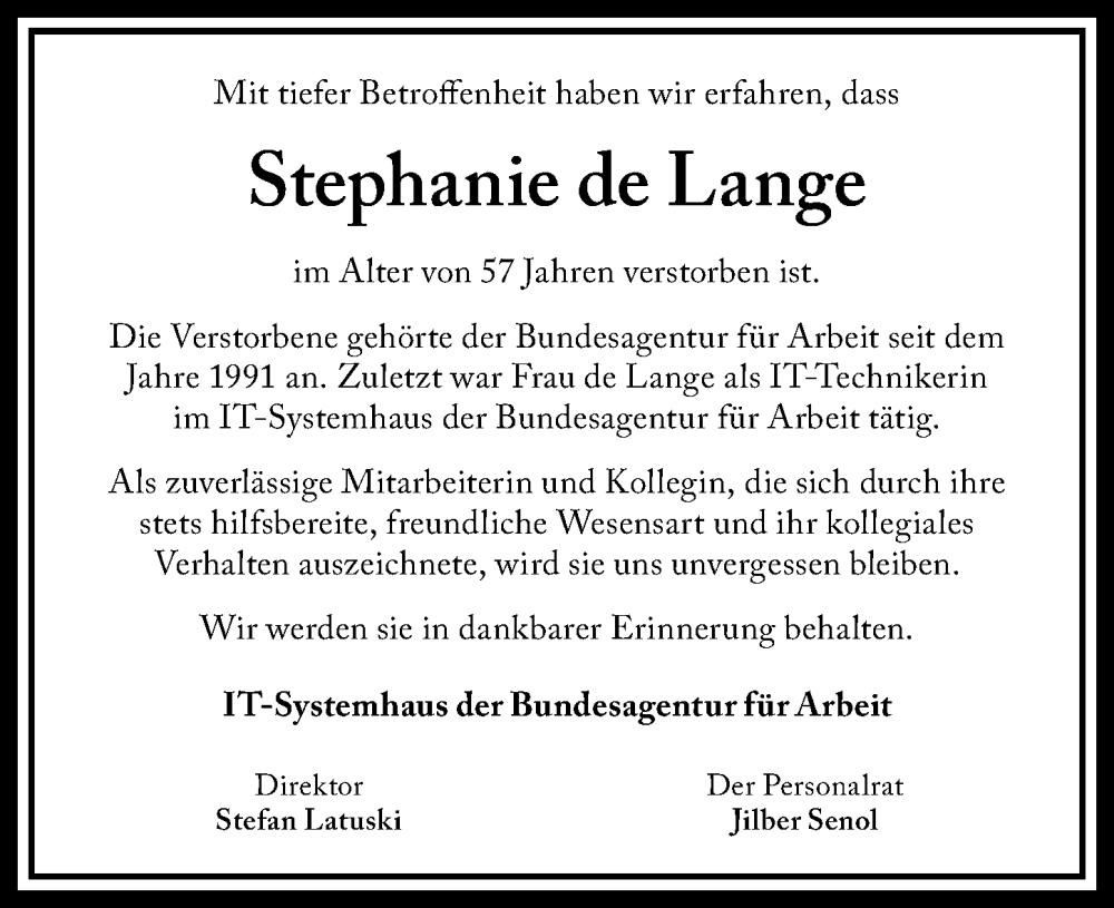  Traueranzeige für Stephanie de Lange vom 24.09.2025 aus Fürther Nachrichten Lokal
