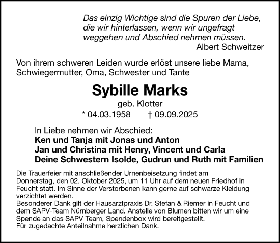 Traueranzeige von Sybille Marks von Gesamtausgabe Nürnberger Nachrichten/ Nürnberger Ztg.