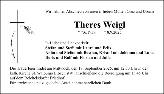 Traueranzeige von Theres Weigl von Gesamtausgabe Nürnberger Nachrichten/ Nürnberger Ztg.