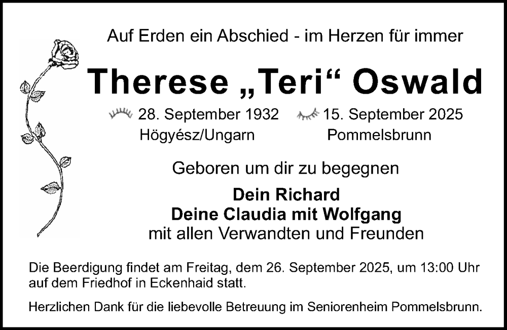 Traueranzeige für Therese Oswald vom 20.09.2025 aus Gesamtausgabe Nürnberger Nachrichten/ Nürnberger Ztg.
