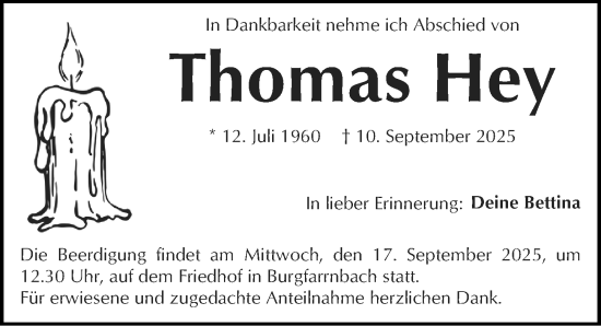 Traueranzeige von Thomas Hey von Fürther Nachrichten Lokal