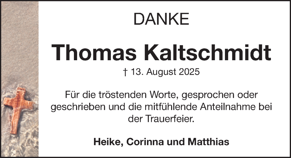  Traueranzeige für Thomas Kaltschmidt vom 06.09.2025 aus Fürther Nachrichten Lokal